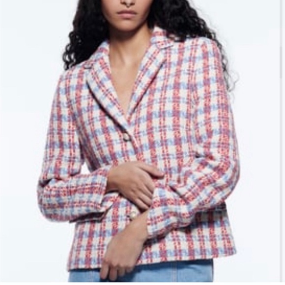 ZARA Red White & Blue Pearl Button Textured Tweed Jacket M Fits S - Picture 4 of 8